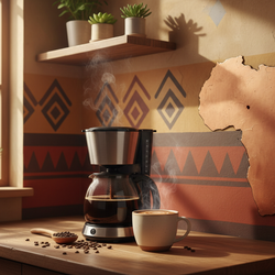 African Kahawa Blend medium-dark roast coffee with fruity and chocolate notes steaming in a cup beside a drip coffee maker on a wooden kitchen counter with African-themed decor
