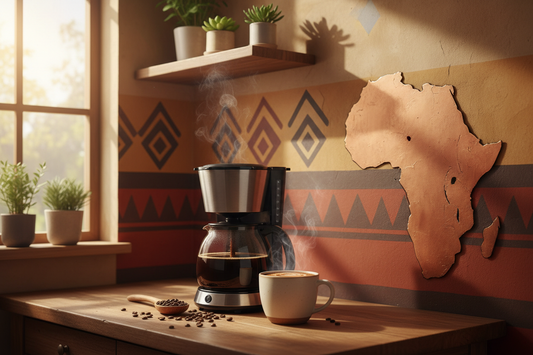 African Kahawa Blend medium-dark roast coffee with fruity and chocolate notes steaming in a cup beside a drip coffee maker on a wooden kitchen counter with African-themed decor