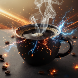 steaming cup of Max Caf Blend coffee with energetic sparks and coffee beans scattered on dark surface