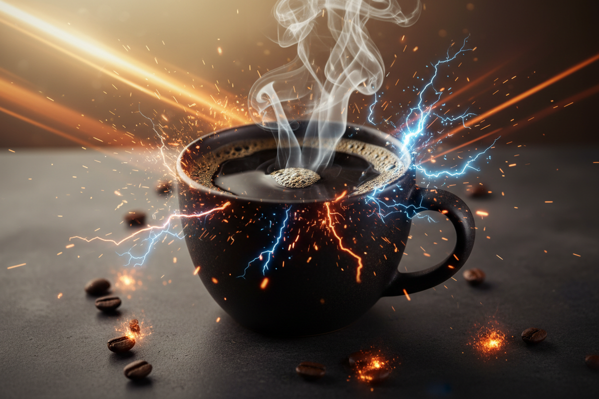 steaming cup of Max Caf Blend coffee with energetic sparks and coffee beans scattered on dark surface