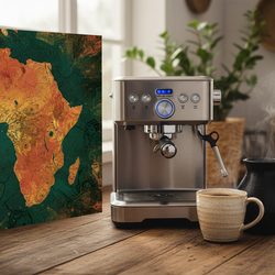 African Espresso Blend coffee setup with espresso machine, steaming cup, and African map art