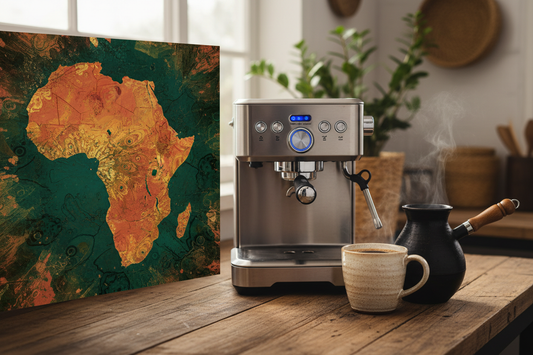 African Espresso Blend coffee setup with espresso machine, steaming cup, and African map art