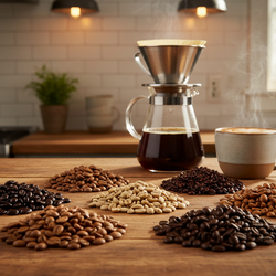 6 Bean Blend dark roast coffee beans with brewed coffee in pour-over and latte cup on wooden kitchen counter