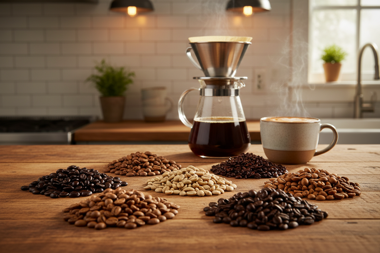 6 Bean Blend dark roast coffee beans with brewed coffee in pour-over and latte cup on wooden kitchen counter