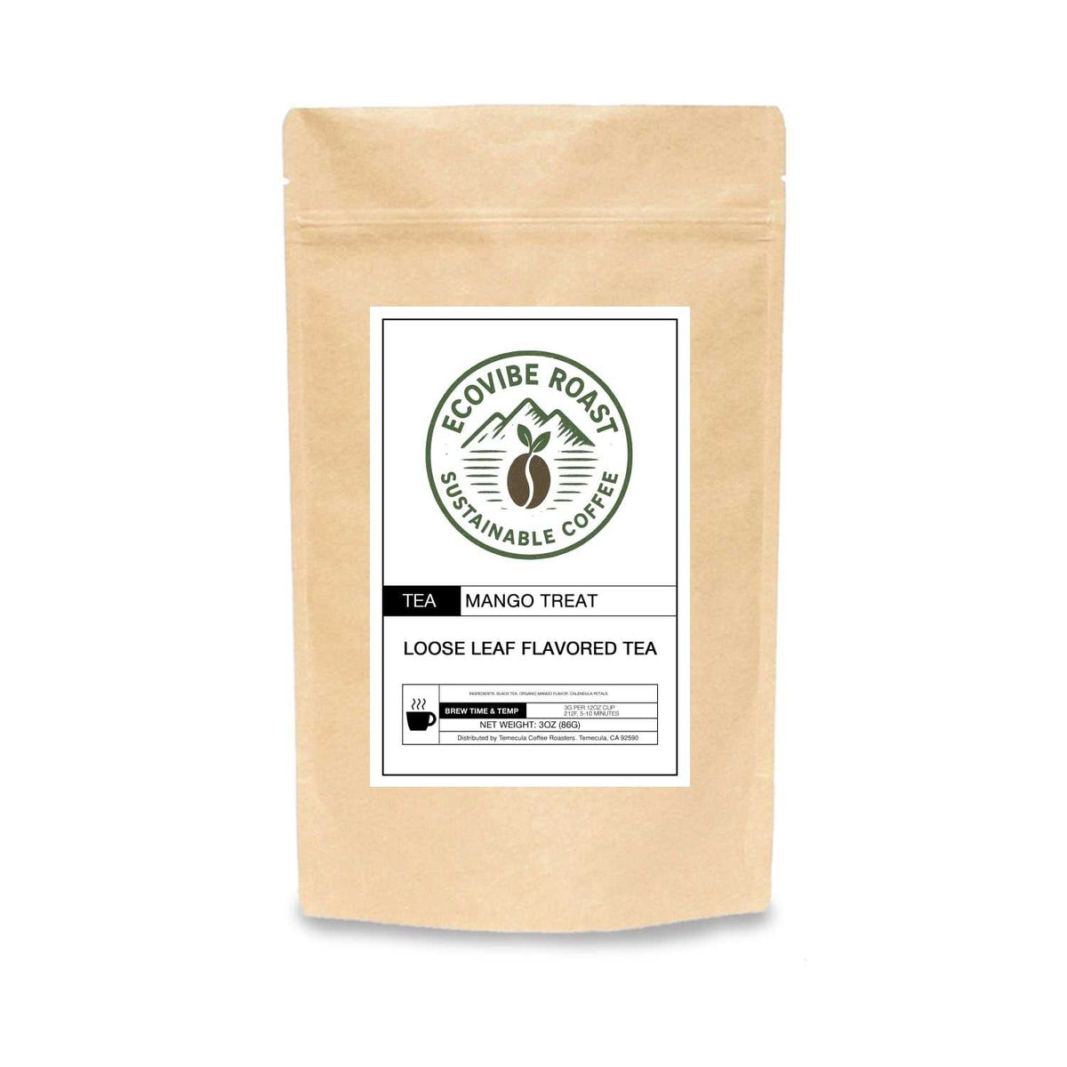 Mango Treat Tea loose leaf flavored tea with black tea and organic mango flavor in a recyclable kraft pouch