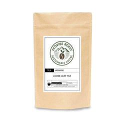 EcoVibe Roast Jasmine Tea loose leaf green tea with jasmine blossoms in a resealable kraft paper bag