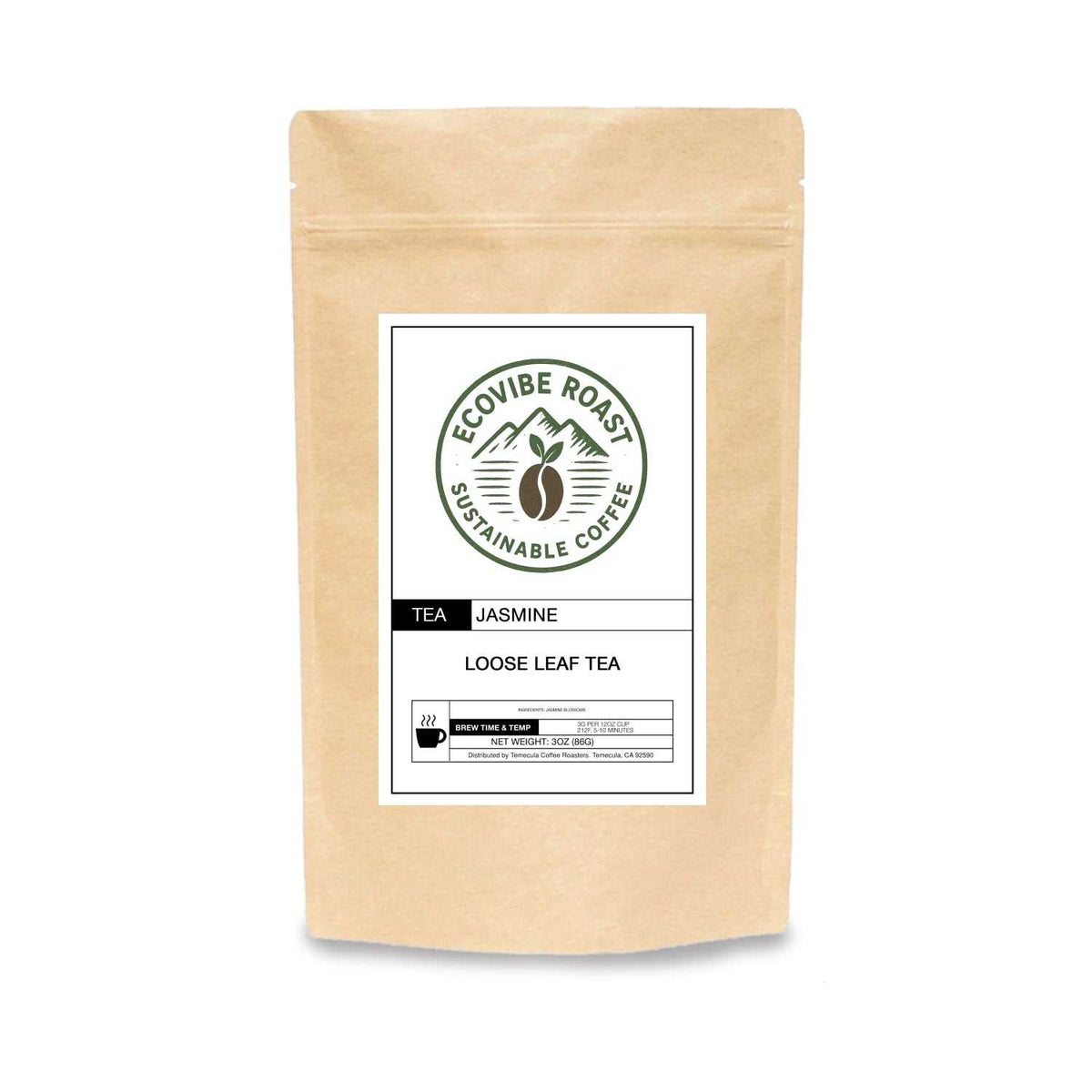 EcoVibe Roast Jasmine Tea loose leaf green tea with jasmine blossoms in a resealable kraft paper bag