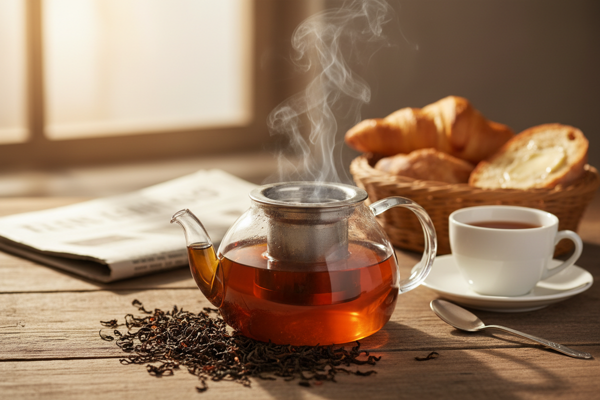 English Breakfast Tea loose leaf blend of Assam, Ceylon, and Darjeeling for bold morning brew