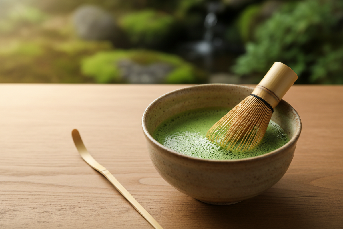 Ceremonial matcha green tea from Shizuoka, Japan with vibrant emerald color and smooth texture
