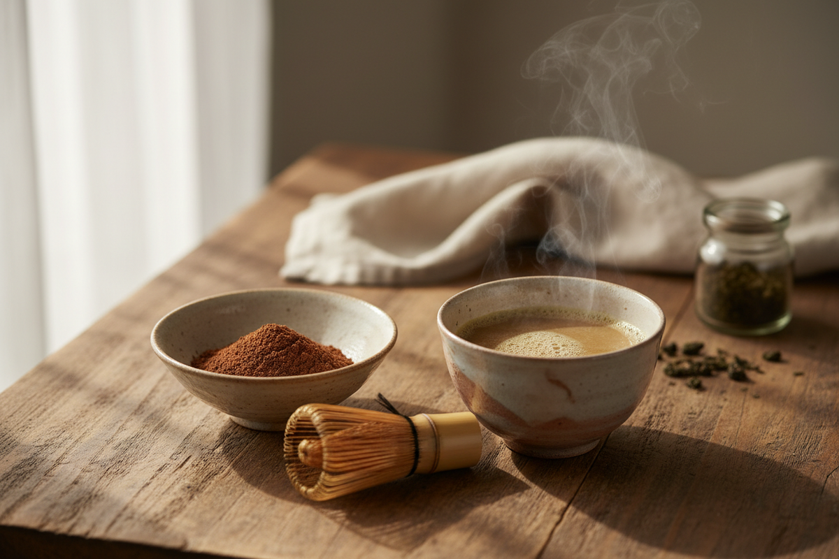 Hojicha tea roasted green tea powder with toasty, smooth flavor and low caffeine