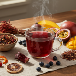 Hibiscus Berry Tea blend with organic hibiscus, rosehips, and fruity flavors, caffeine-free and refreshing