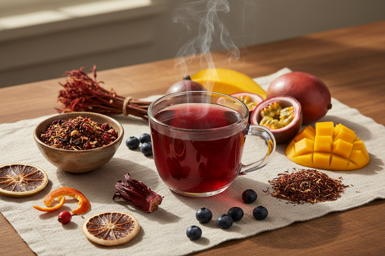 Hibiscus Berry Tea blend with organic hibiscus, rosehips, and fruity flavors, caffeine-free and refreshing