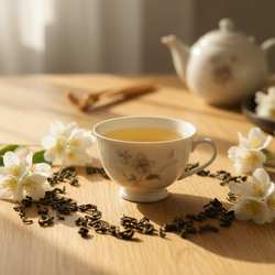 Jasmine green tea with floral aroma and natural sweetness in loose-leaf form