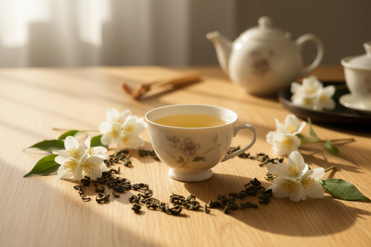 Jasmine green tea with floral aroma and natural sweetness in loose-leaf form
