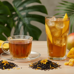 Mango Treat Tea with black tea, organic mango flavor, and calendula petals in loose leaf form