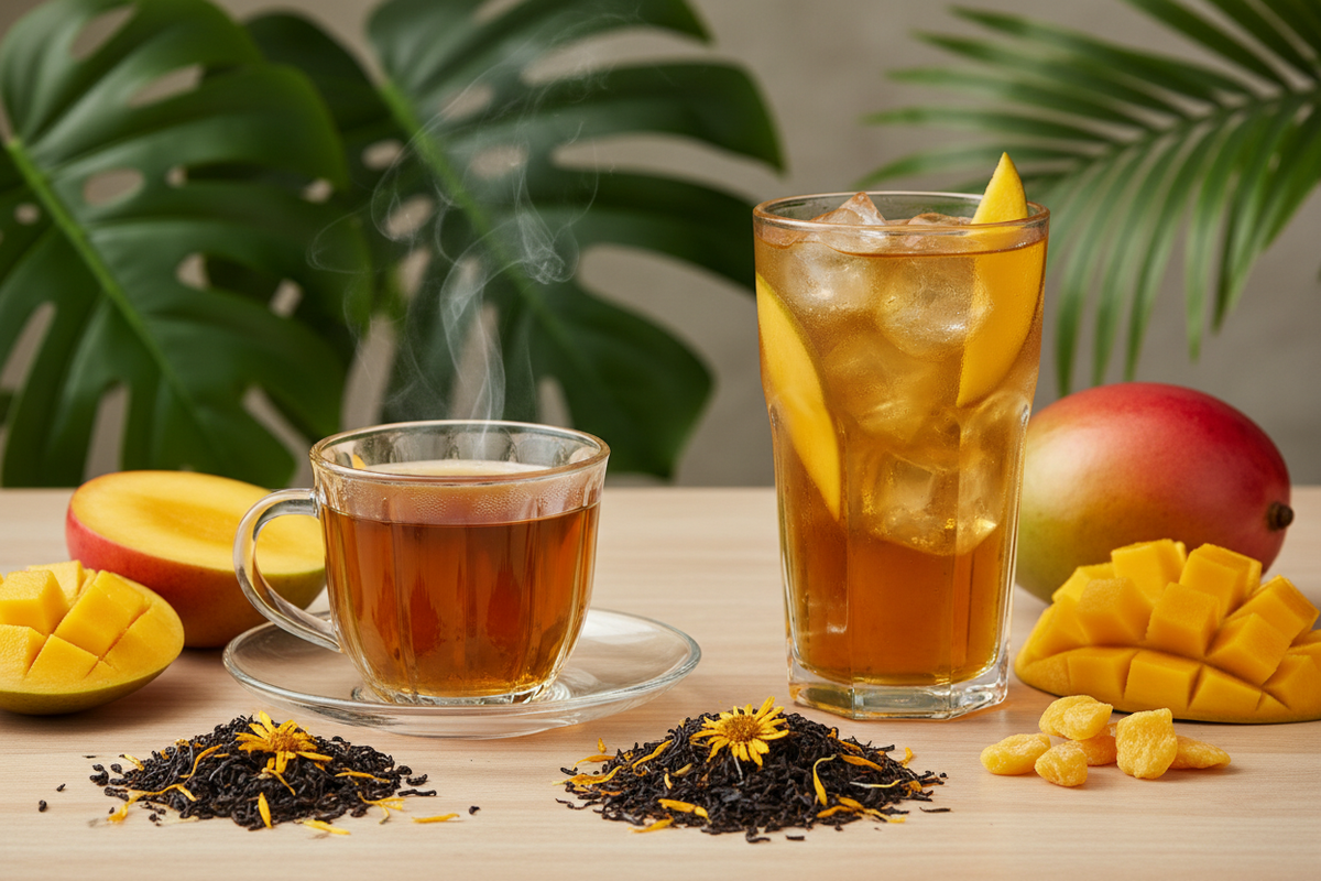 Mango Treat Tea with black tea, organic mango flavor, and calendula petals in loose leaf form