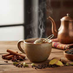 Masala Chai black tea with bold, spiced loose leaf blend of cloves, ginger, cardamom, and cinnamon