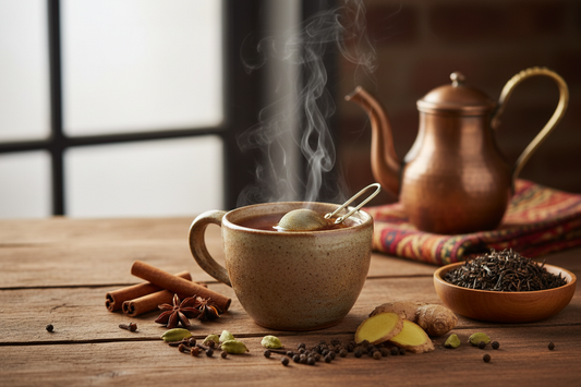 Masala Chai black tea with bold, spiced loose leaf blend of cloves, ginger, cardamom, and cinnamon