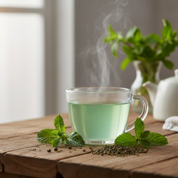 Refreshing Moroccan mint tea with gunpowder green tea and peppermint leaves in a clear cup