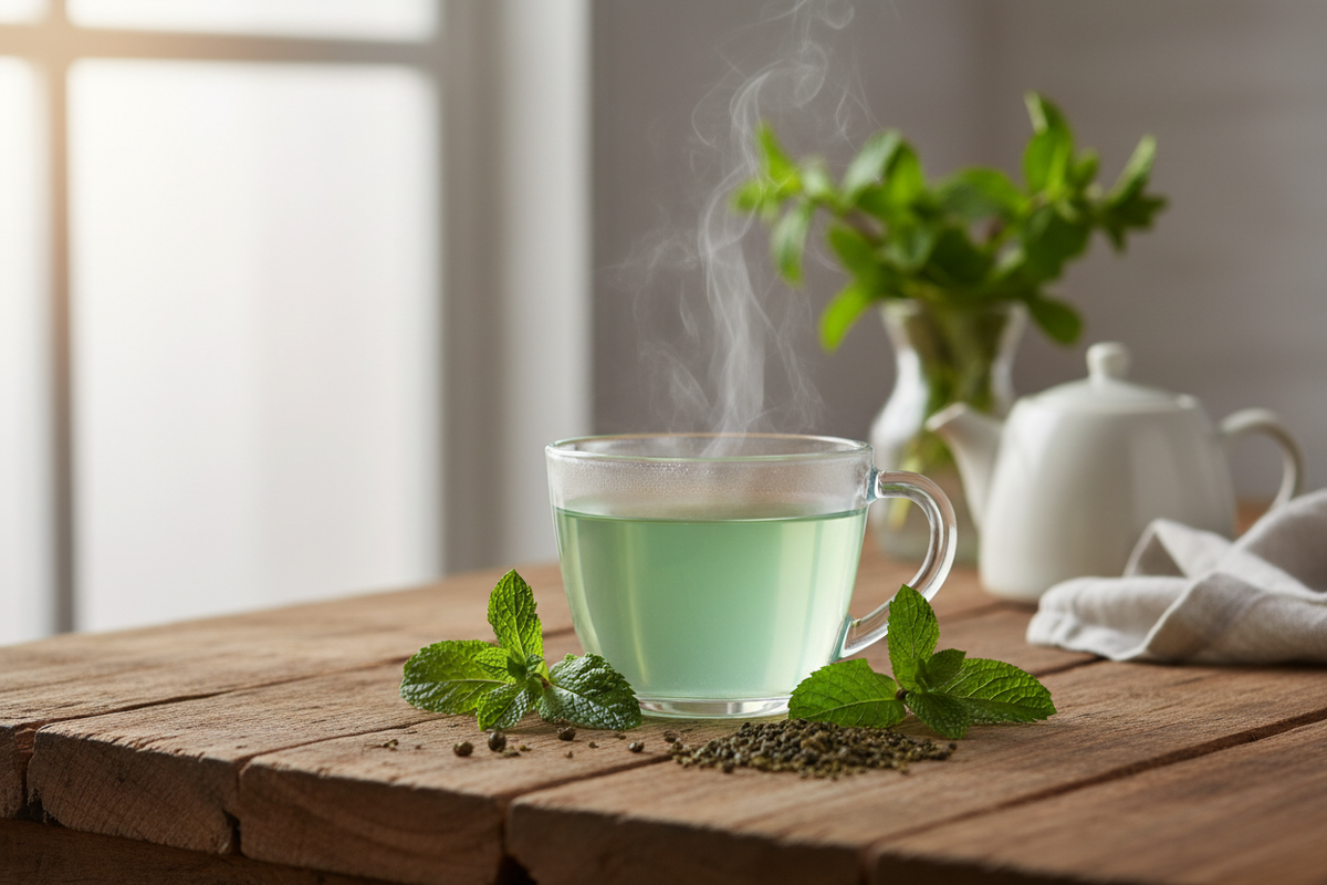 Refreshing Moroccan mint tea with gunpowder green tea and peppermint leaves in a clear cup