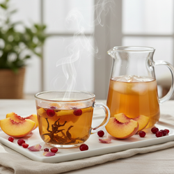 Peach Paradise Tea vibrant loose leaf black tea blend with peach, cranberry, and rose petals