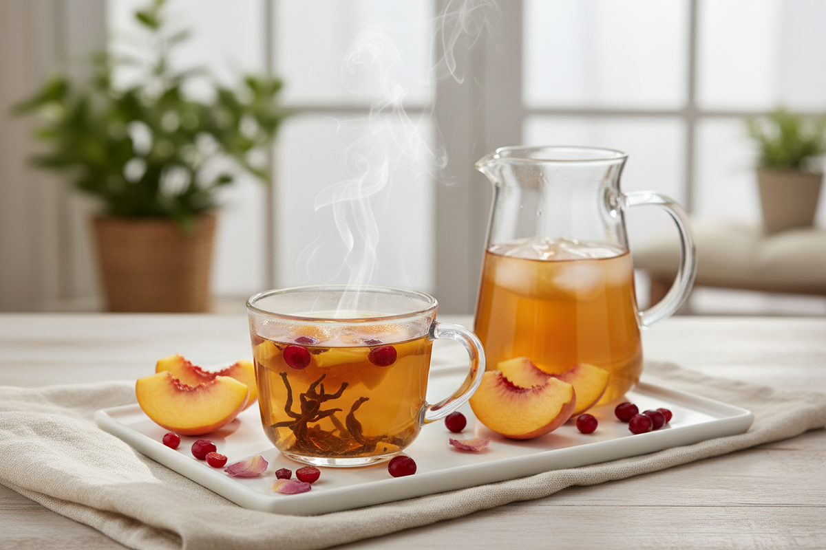 Peach Paradise Tea vibrant loose leaf black tea blend with peach, cranberry, and rose petals