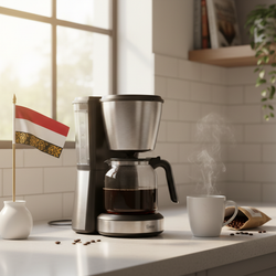 lifestyle picture with a coffee maker on a kitchen counter with a half filled coffee pot with the bali flag on one side and a cup of brewed coffee on the other side