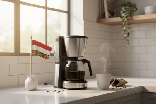 lifestyle picture with a coffee maker on a kitchen counter with a half filled coffee pot with the bali flag on one side and a cup of brewed coffee on the other side