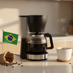 lifestyle picture with a coffee maker on a kitchen counter with a half filled coffee pot with the brazil flag on one side and a cup of brewed coffee on the other side