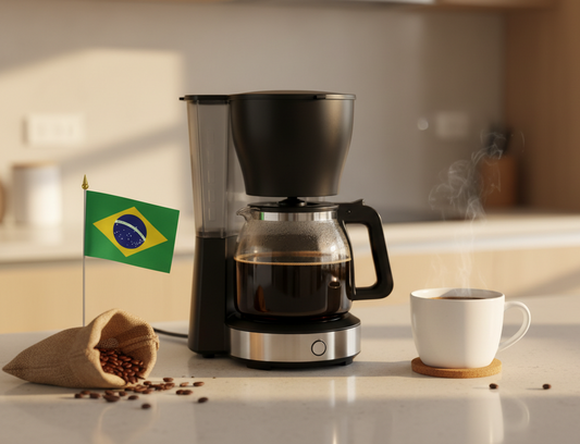 lifestyle picture with a coffee maker on a kitchen counter with a half filled coffee pot with the brazil flag on one side and a cup of brewed coffee on the other side