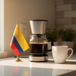 lifestyle picture with a coffee maker on a kitchen counter with a half filled coffee pot with the Colombia flag on one side and a cup of brewed coffee on the other side
