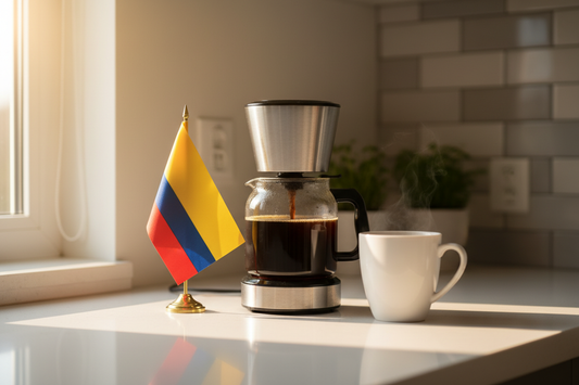 lifestyle picture with a coffee maker on a kitchen counter with a half filled coffee pot with the Colombia flag on one side and a cup of brewed coffee on the other side