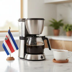 lifestyle picture with a coffee maker on a kitchen counter with a half filled coffee pot with the costa rica flag on one side and a cup of brewed coffee on the other side