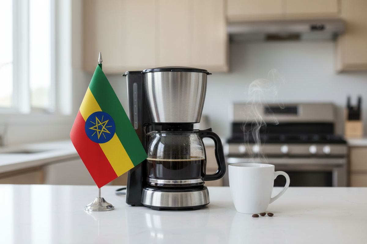 lifestyle picture with a coffee maker on a kitchen counter with a half-filled coffee pot with the Ethiopia flag on one side and a cup of brewed coffee on the other side