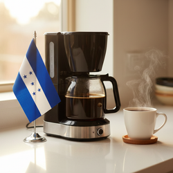 lifestyle picture with a coffee maker on a kitchen counter with a half-filled coffee pot with the hondorus flag on one side and a cup of brewed coffee on the other side