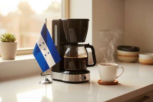 lifestyle picture with a coffee maker on a kitchen counter with a half-filled coffee pot with the hondorus flag on one side and a cup of brewed coffee on the other side