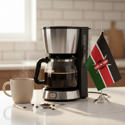 lifestyle picture with a coffee maker on a kitchen counter with a half-filled coffee pot with the Kenya flag the right side and a cup of brewed coffee on the other side