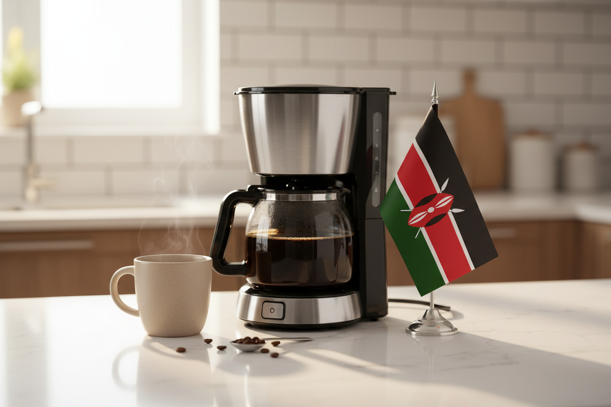 lifestyle picture with a coffee maker on a kitchen counter with a half-filled coffee pot with the Kenya flag the right side and a cup of brewed coffee on the other side