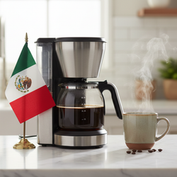 lifestyle picture with a coffee maker on a kitchen counter with a half-filled coffee pot with the Mexico flag on one side and a cup of brewed coffee on the other side