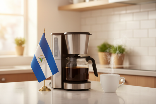 lifestyle picture with a coffee maker on a kitchen counter with a half-filled coffee pot with the Nicaragua flag on one side and a cup of brewed coffee on the other side
