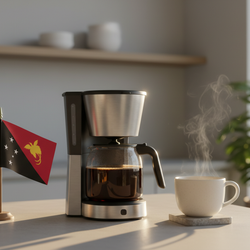 lifestyle picture with a coffee maker on a kitchen counter with a half-filled coffee pot with the Papua New Guinea flag on one side and a cup of brewed coffee on the other side