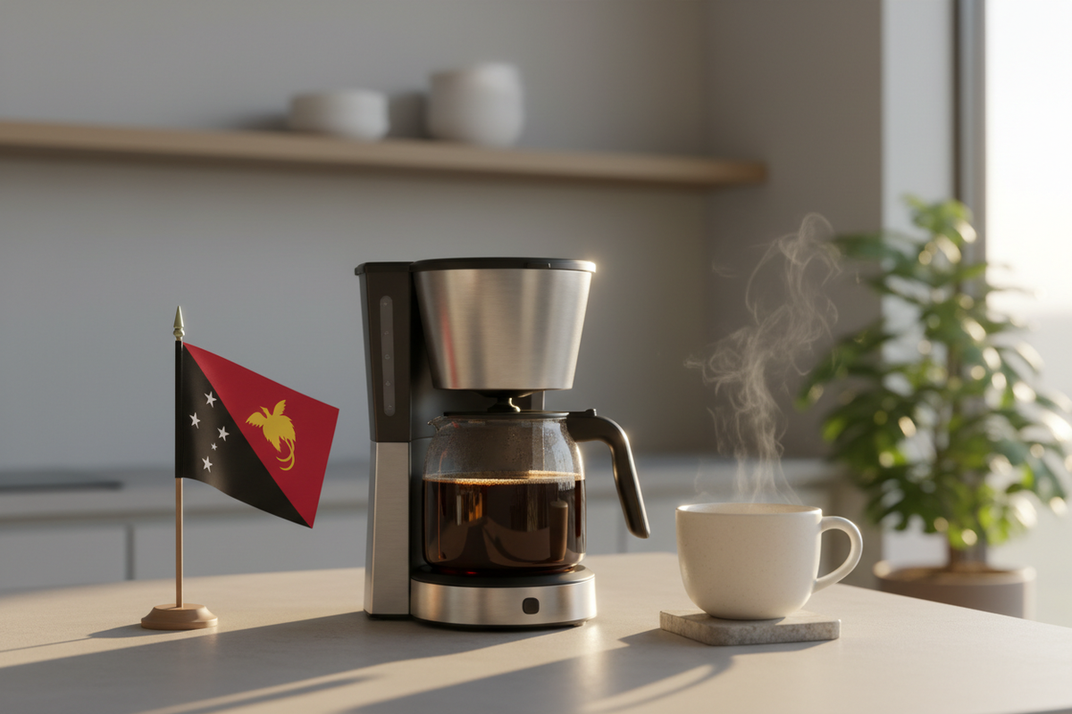 lifestyle picture with a coffee maker on a kitchen counter with a half-filled coffee pot with the Papua New Guinea flag on one side and a cup of brewed coffee on the other side