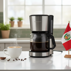 lifestyle picture with a coffee maker on a kitchen counter with a half-filled coffee pot with the Peru flag the right side and a cup of brewed coffee on the other side