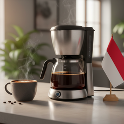 lifestyle picture with a coffee maker on a kitchen counter with a half-filled coffee pot with the Sumatra flag the right side and a cup of brewed coffee on the other side