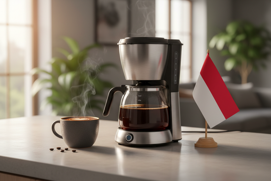 lifestyle picture with a coffee maker on a kitchen counter with a half-filled coffee pot with the Sumatra flag the right side and a cup of brewed coffee on the other side