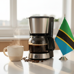 lifestyle picture with a coffee maker on a kitchen counter with a half-filled coffee pot with the Tanzania flag the right side and a cup of brewed coffee on the other side