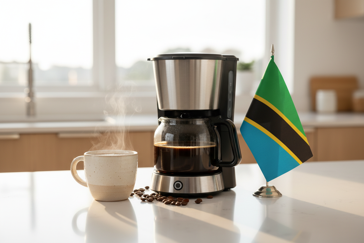 lifestyle picture with a coffee maker on a kitchen counter with a half-filled coffee pot with the Tanzania flag the right side and a cup of brewed coffee on the other side