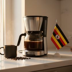 lifestyle picture with a coffee maker on a kitchen counter with a half-filled coffee pot with the Uganda flag the right side and a cup of brewed coffee on the other side