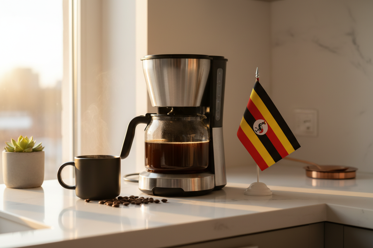 lifestyle picture with a coffee maker on a kitchen counter with a half-filled coffee pot with the Uganda flag the right side and a cup of brewed coffee on the other side