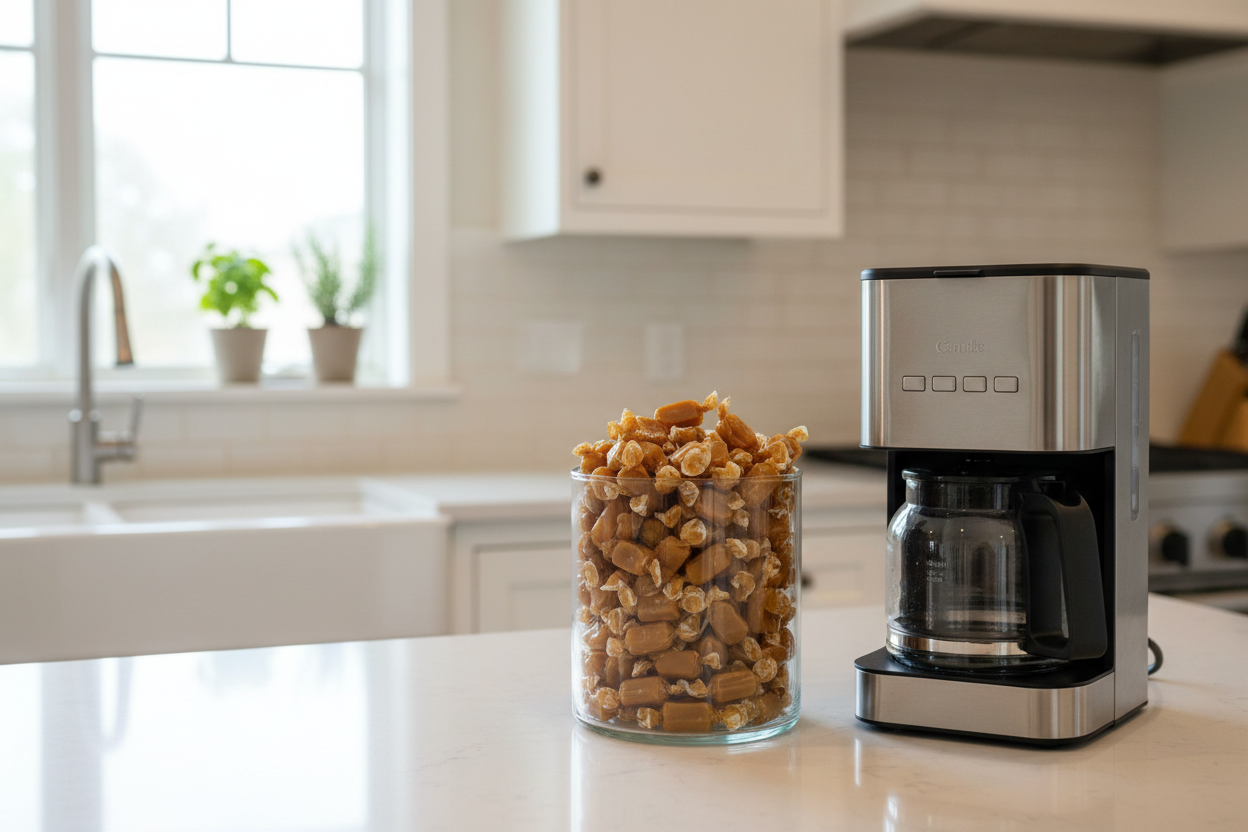 Glass jar filled with caramel candies next to a stainless steel coffee maker on a kitchen countertop